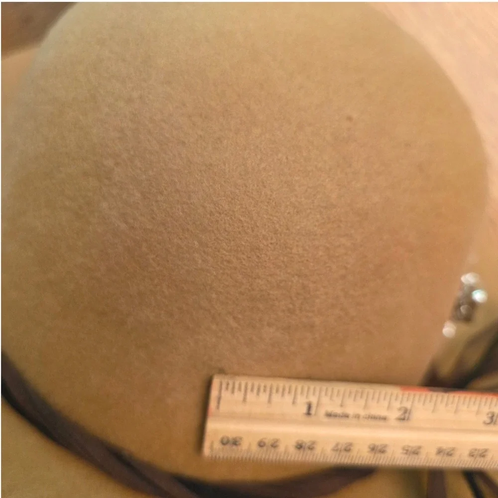 100% Wool Tan Wide Brim Floppy Hat Silver Butterfly Pin Braided Band Boho Whimsy